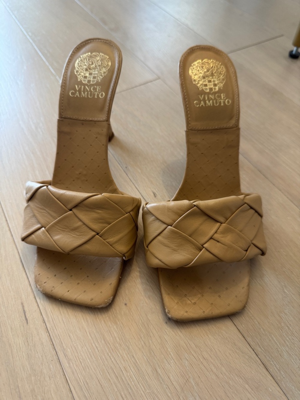 Vince Camuto Woven Tan Leather Slide Heels